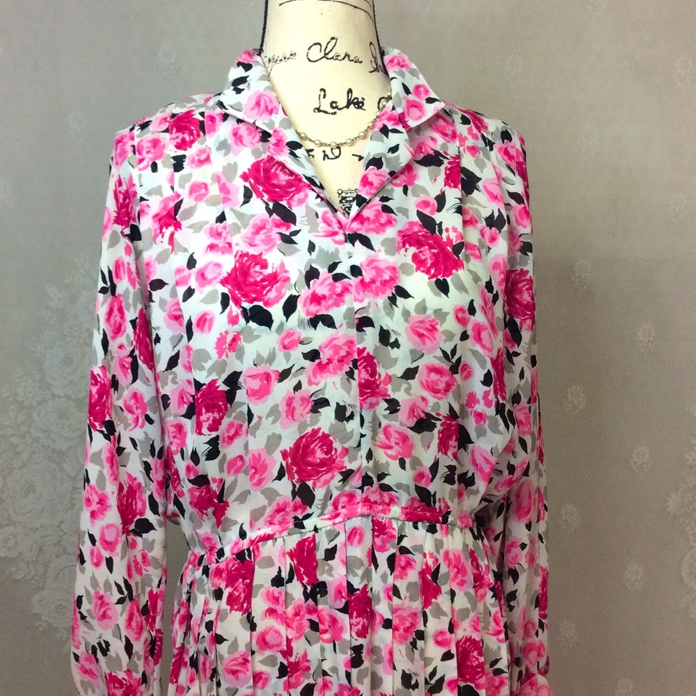 Vintage Leslie Fay Petite Pink Rose Midi Dress 10